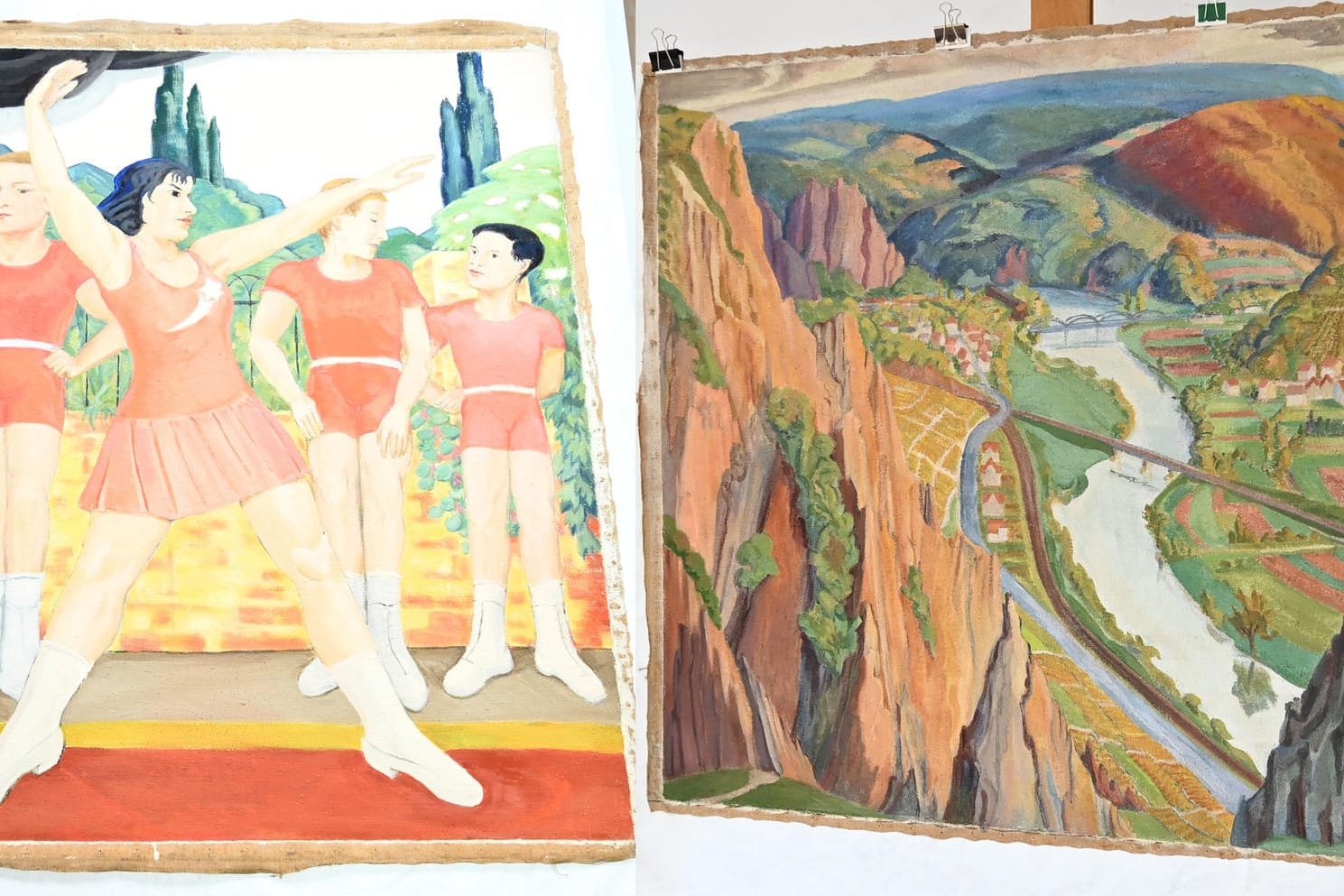Das verschollene Werk des Expressionisten Erich Heckel mit dem Titel "Die Bedinie-Gruppe" (l) wurde von Restauratoren auf der Rückseite des Bildes "Landschaft im Nahetal" (r) wiederentdeckt.