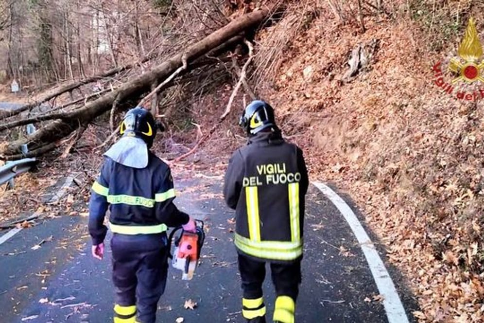 Feuerwehrleute räumen eine Straße in der Provinz Turin (Region Piemont), auf die mehrere Bäume gestürzt sind.