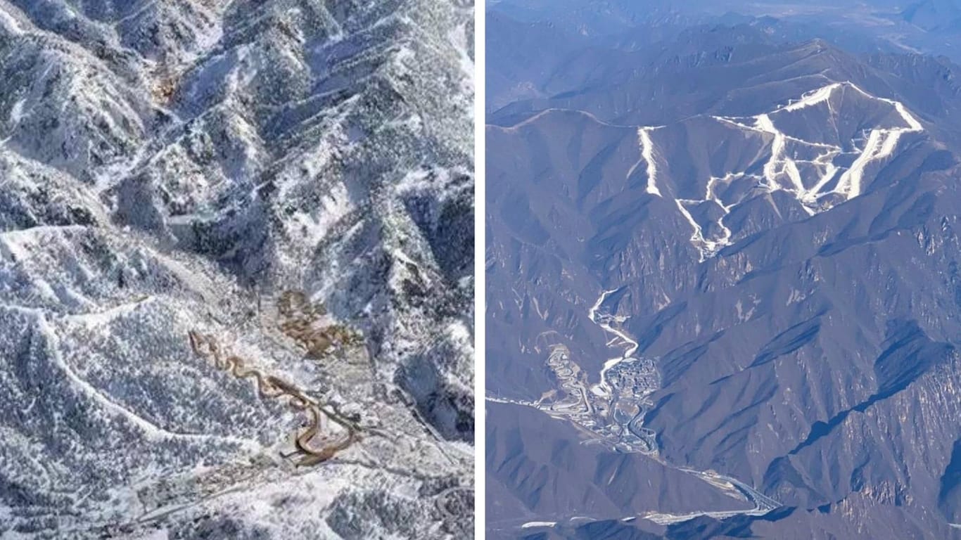 Wunsch und Wirklichkeit im Gebirge nördlich von Peking: Links die Simulation aus dem Twitter-Kanal eines Pekinger Radiosenders, rechts ein Instagram-Post des schweizerischen Snowboarders Nicolas Huber.