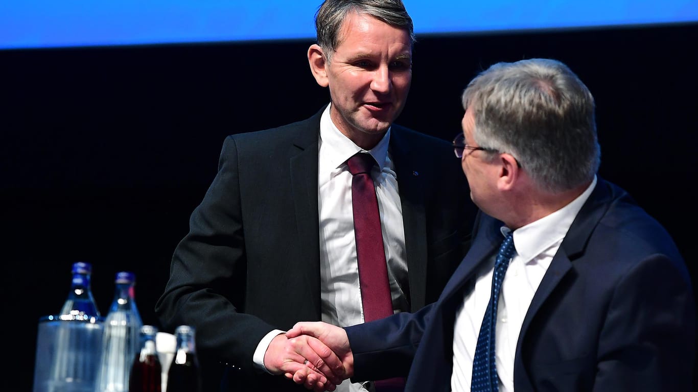 Handschlag auf dem AfD-Bundesparteitag 2019: Meuthen mit dem thüringischen AfD-Landeschef Björn Höcke (l.).