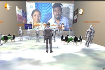 Die Computeranimation zeigt die virtuelle Hochzeit von Janaganandhini Ramaswamy und Dinesh Kshatriya.