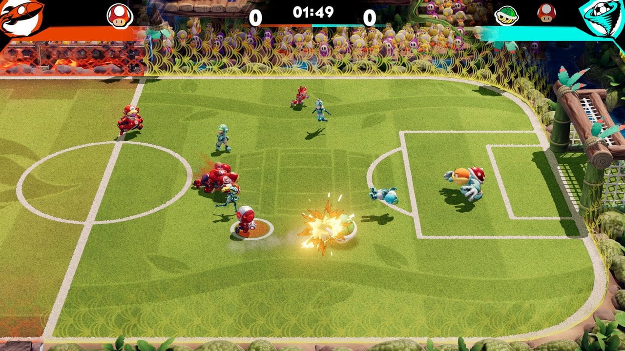 "Mario Strikers Battle League" ist ein Fußballspiel besonderer Art - zum Beispiel mit Explosionen. "Mario Strikers Battle League" ist ein Fußballspiel besonderer Art - zum Beispiel mit Explosionen.