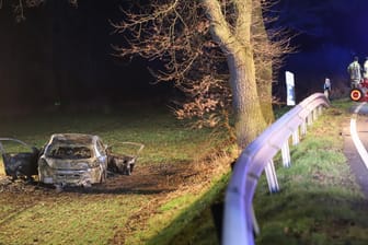 Das ausgebrannte Auto am Fahrbahnrand: Die Insassen überlebten den Unfall nicht.
