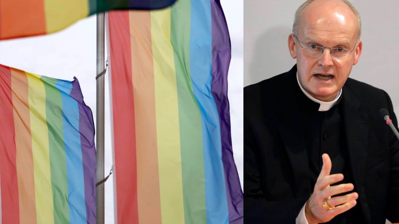 Die LGBTQ-Flagge und Bischof Franz-Josef Overbeck (Montage): Das Bistum Essen möchte eine "Kultur ohne Angst" schaffen.