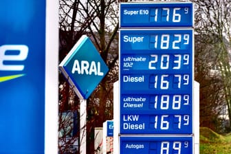 Eine Tankstellen-Anzeigen (Symbolbild): Die Preise für Benzin ziehen momentan stark an.