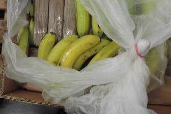 15.02.2022, Bayern, Bamberg: In einem Karton sind unter Bananen Päckchen mit mutmaßlichem Kokain versteckt. Ermittler fanden mehr als 500 solcher Pakete in einer Lieferung nach Franken.