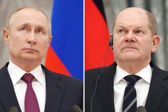 Wladimir Putin und Olaf Scholz bei der gemeinsamen Pressekonferenz nach einem mehrstündigen Vier-Augen-Gespräch.