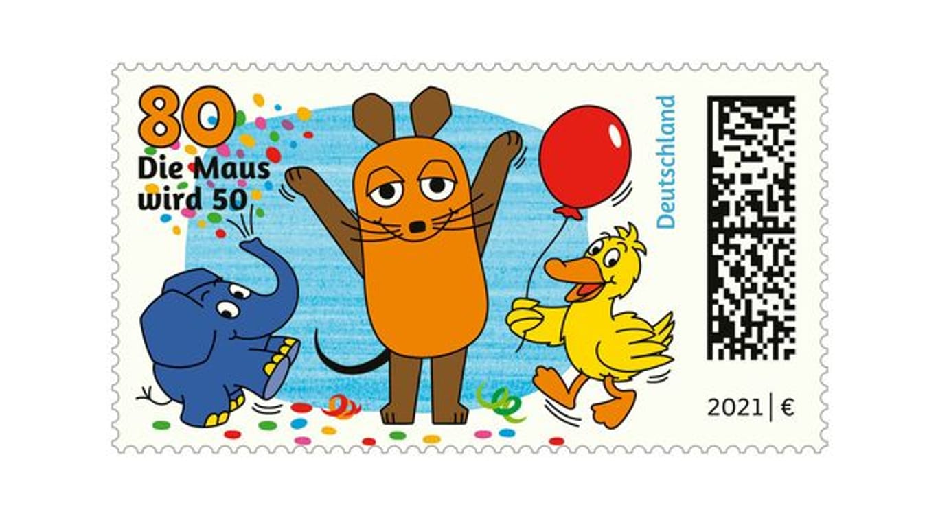 Die Briefmarke "Sendung mit der Maus" mit der Maus, dem Elefanten und der Ente im Nennwert von 80 Euro-Cent.