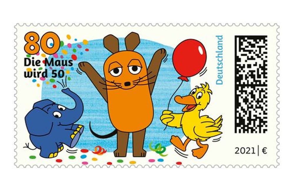 Die Briefmarke "Sendung mit der Maus" mit der Maus, dem Elefanten und der Ente im Nennwert von 80 Euro-Cent.
