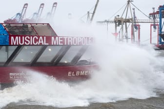 Eine Hafenfähre fährt im Sturm auf der Elbe: Wegen des Sturmes haben viele Reedereien den Verkehr im Hamburg eingestellt.