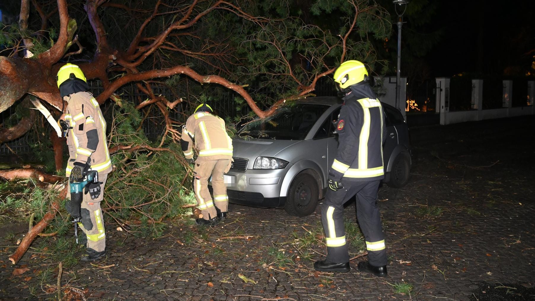 Einsatzkräfte der Feuerwehr in Berlin beseitigen einen Baum: Die Feuerwehr steht kurz vor der Belastungsgrenze.