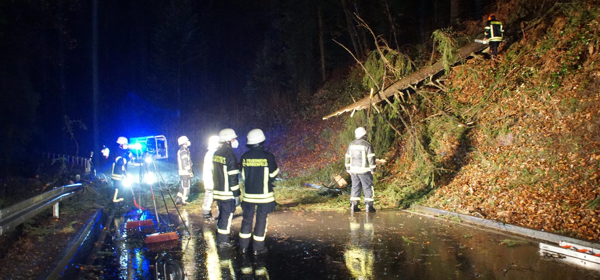 Baden-Württemberg, Birkenfeld: Die Feuerwehr beseitigt einen umgefallenen Baum, der beim Sturm auf eine Straße gestürzt ist.