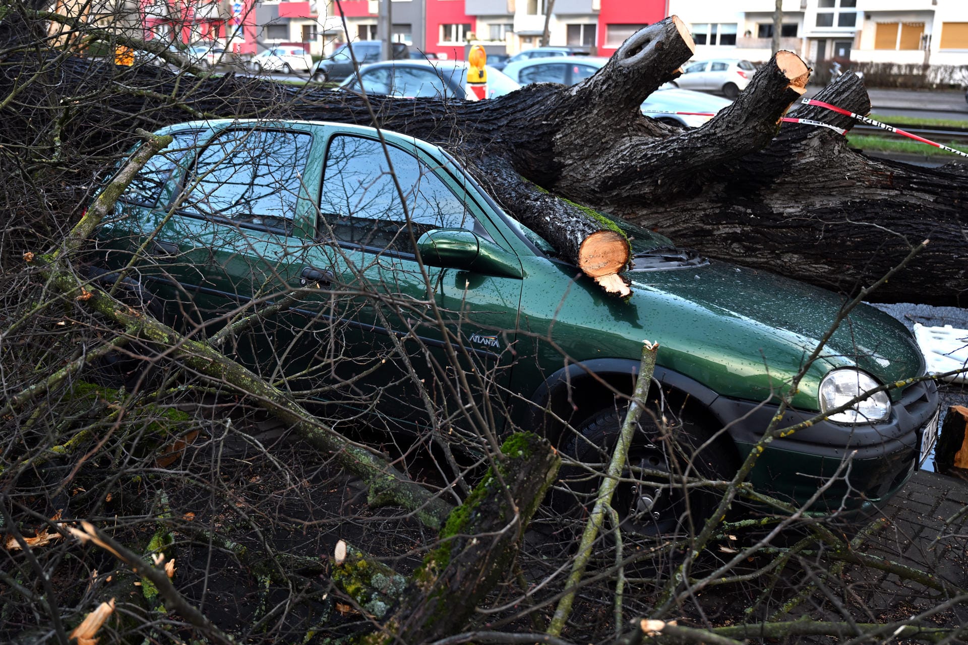 Nordrhein-Westfalen, Köln: Ein Auto wurde von einem umgestürzten Baum getroffen. Auch zahlreiche Hausdächer und eine Busoberleitung wurden von dem Sturm zerstört.