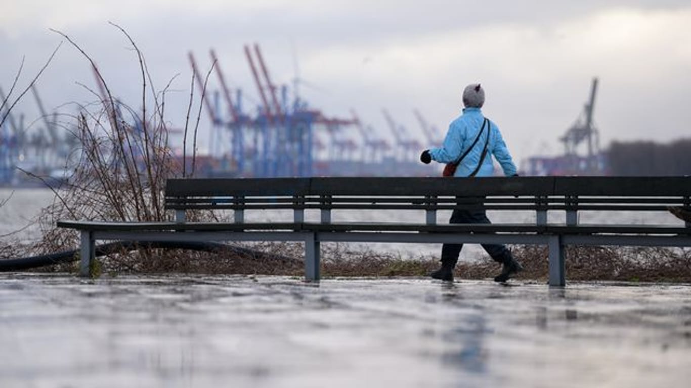 Eine Frau spaziert an der Elbe