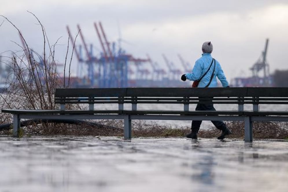 Eine Frau spaziert an der Elbe
