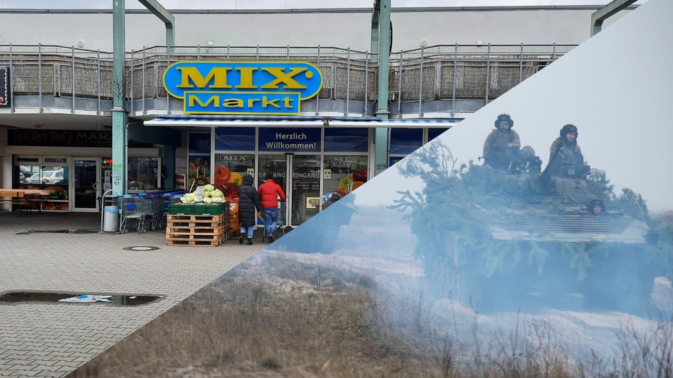 Ein russischer Supermarkt in Berlin und ukrainische Militärangehörige bei einer Übung: Der Russland-Ukraine-Konflikt beschäftigt viele Russlanddeutsche.