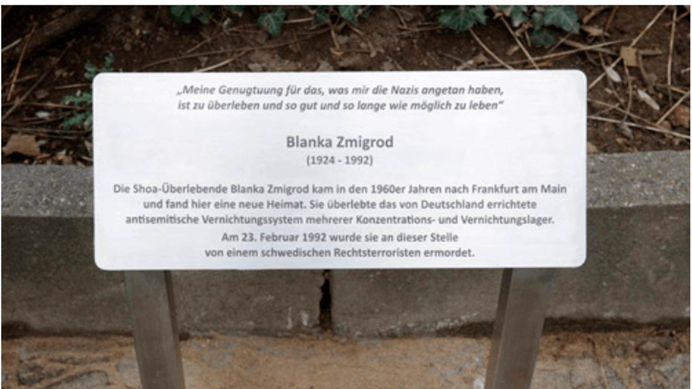 Gedenktafel für Blanka Zmigrod: Die Shoah-Überlebende kam in den 1960er Jahren nach Frankfurt am Main und fand hier eine neue Heimat.