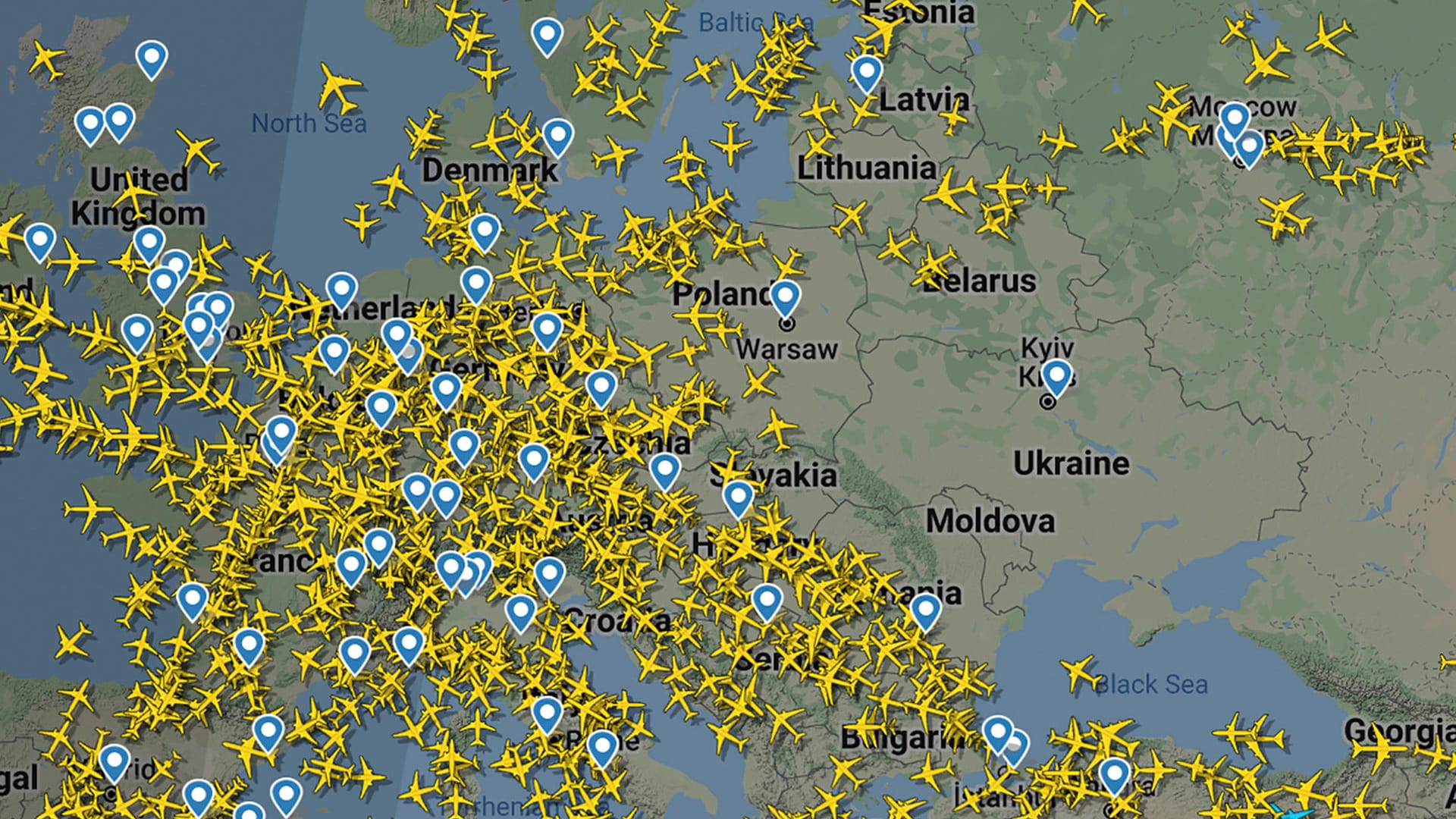 Keine Flüge: Ein von Flightradar24.com zur Verfügung gestellter Screenshot zeigt den freien Luftraum über der Ukraine am Donnerstag, den 24. Februar 2022. Kurz zuvor hatten russische Truppen ihren Angriff auf die Ukraine gestartet.