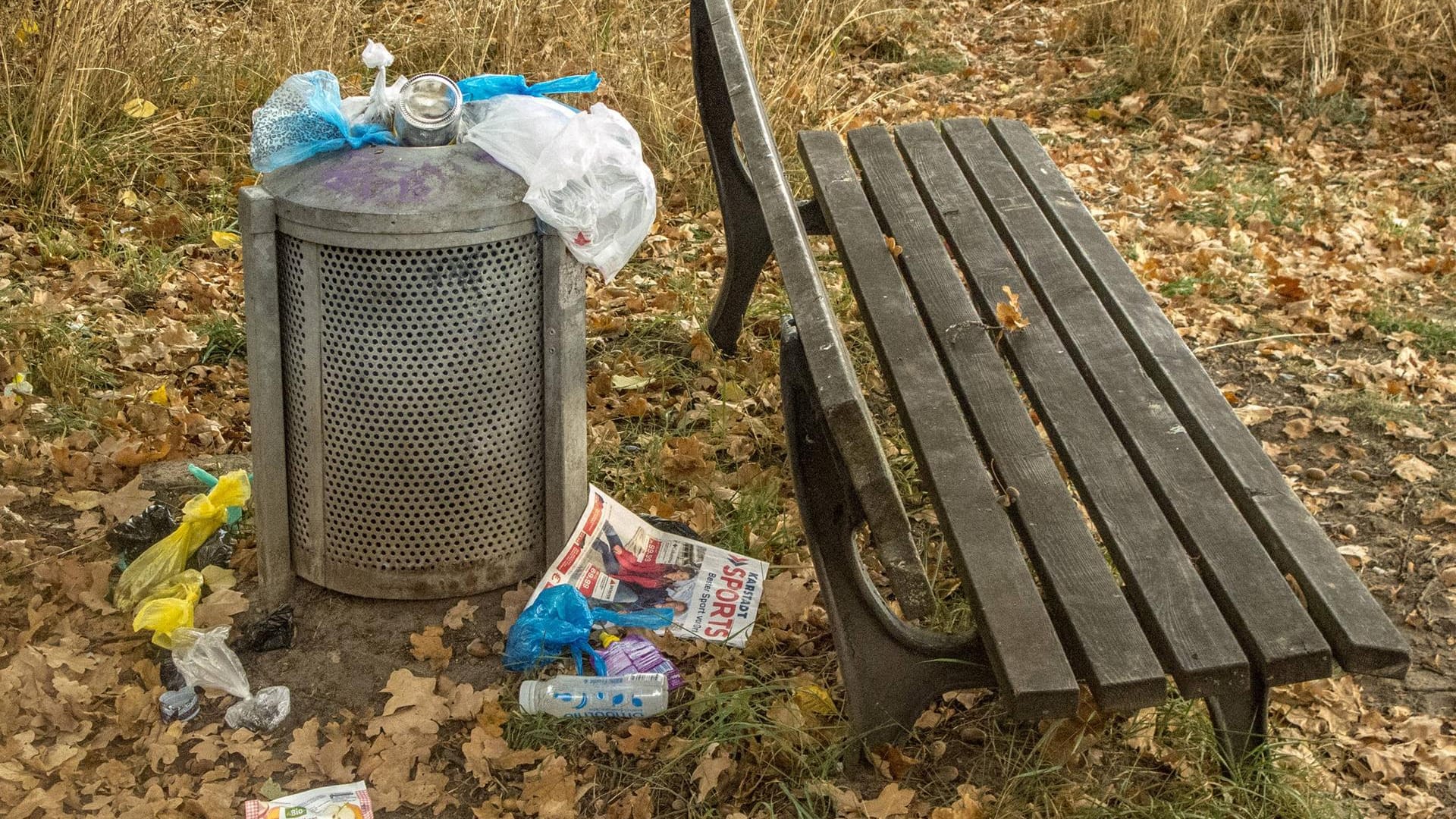 Ein überfüllter Abfalleimer in einem Park in Hannover (Archivbild): Niedersachsen meldet einen starken Anstieg von Müll im öffentlichen Raum. Ein überfüllter Abfalleimer in einem Park in Hannover (Archivbild): Niedersachsen meldet einen starken Anstieg von Müll im öffentlichen Raum.