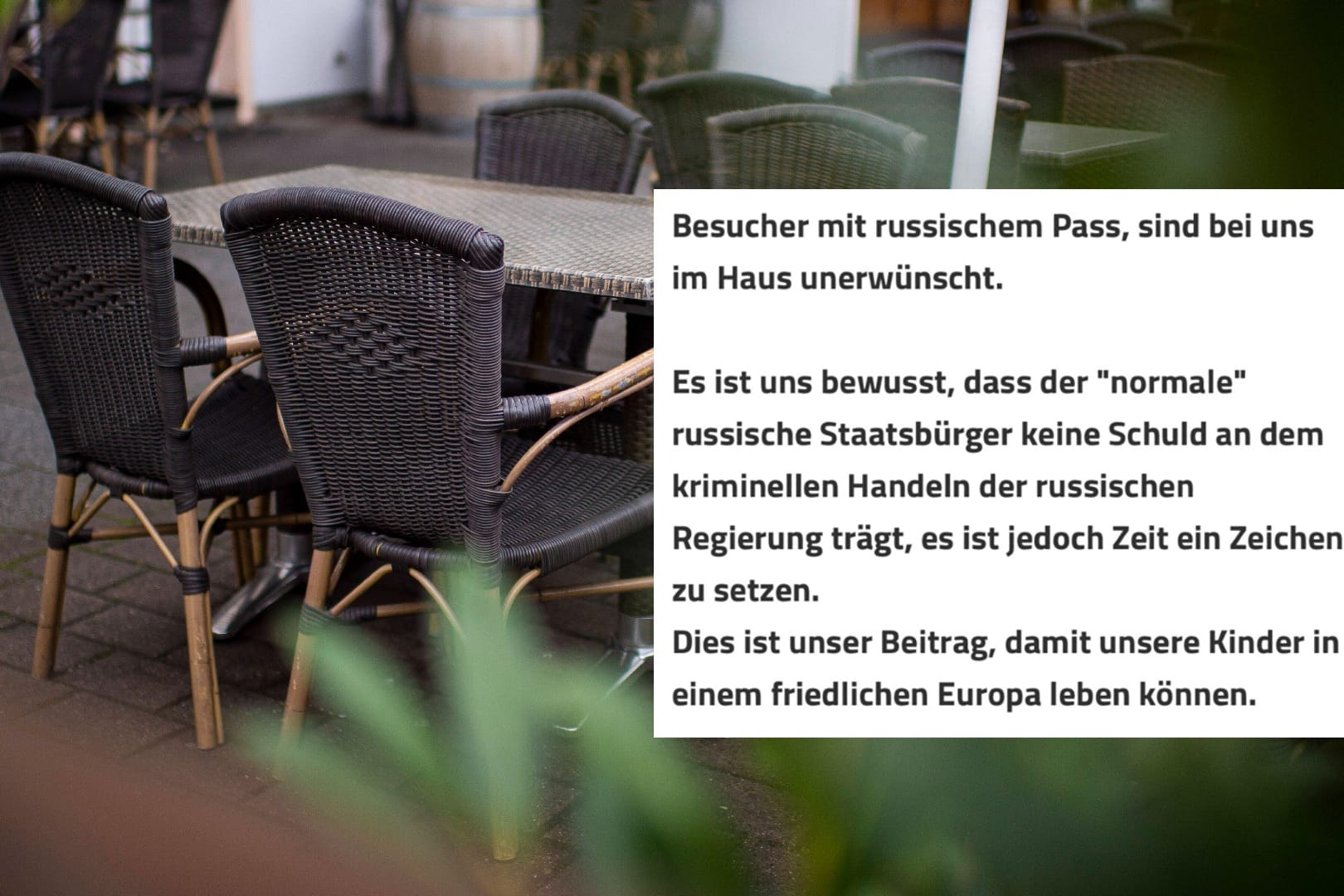 "Besucher mit russischem Pass unerwünscht": Mit diesen Worten erklärte das Restaurant, einen Beitrag zu einem "friedlichen Europa" leisten zu wollen. (Quelle: Screenshot/Symbolfoto eines Restaurants)