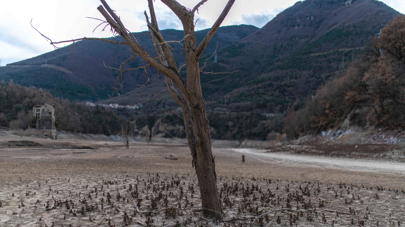 Das Wasserreservoir La Baells im Hügelland bei Barcelona ist aktuell nur etwas mehr als zur Hälfte gefüllt: Die Dürre trifft Katalonien hart, seit Monaten fehlen Regen und Schnee.