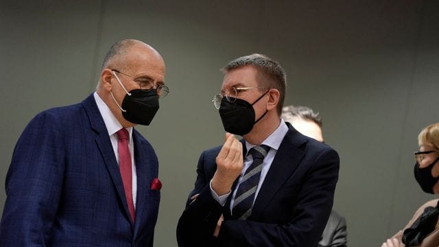 Lettlands Außenminister Edgars Rinkevics (rechts) hatte nach einem Appell der Ukraine an Ausländer, freiwillig mitzukämpfen, das Parlament angerufen.