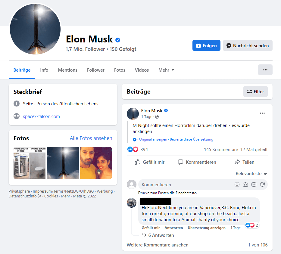 Die falsche Elon-Musk-Seite auf Facebook.
