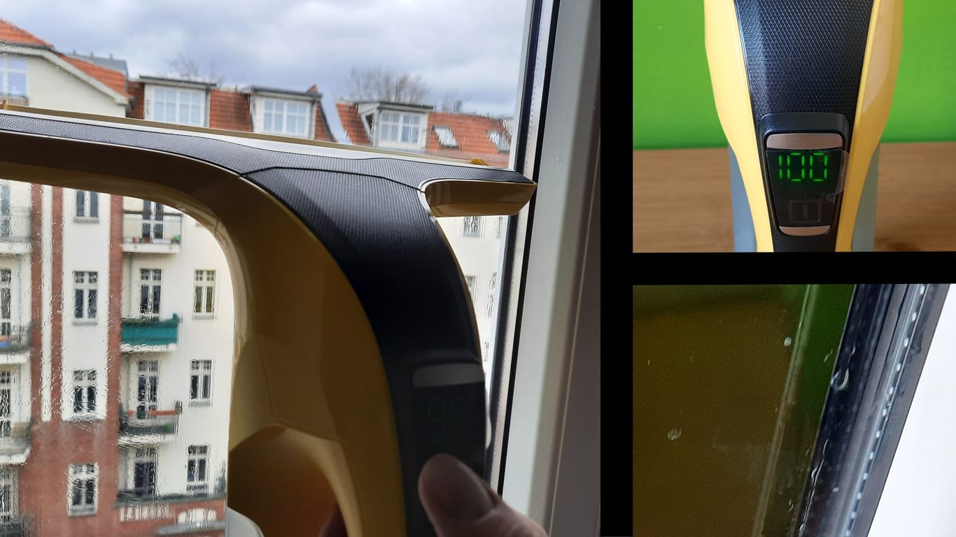Der Fenstersauger WV 6 Plus von Kärcher fällt mit seinem Display und seiner Saugleistung positiv auf (o.r., l.). Auch er saugt jedoch Wasser nicht problemlos aus Kanten (u.r.).