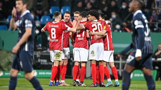 Die Freiburger Spieler jubeln nach dem ersten Tor gegen den VfL Bochum. Die Freiburger Spieler jubeln nach dem ersten Tor gegen den VfL Bochum.