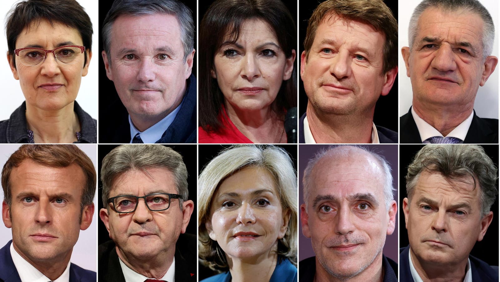 Die Kandidaten der französischen Präsidentschaftwahl: Nathalie Arthaud, Nicolas Dupont-Aignan, Anne Hidalgo, Yannick Jadot, Jean Lassalle, Marine Le Pen, Emmanuel Macron, Jean-Luc Melenchon, Valerie Pecresse, Philippe Poutou, Fabien Roussel und Eric Zemmour.