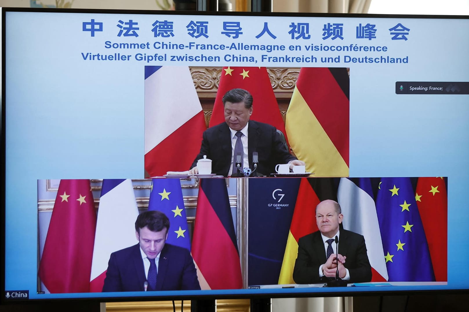 Emmanuel Macron, Olaf Scholz und Xi Jinping während einer Video-Konferenz zum Ukraine-Krieg: Der chinesische Präsident forderte Zurückhaltung, um eine weitere Eskalation zu vermeiden.