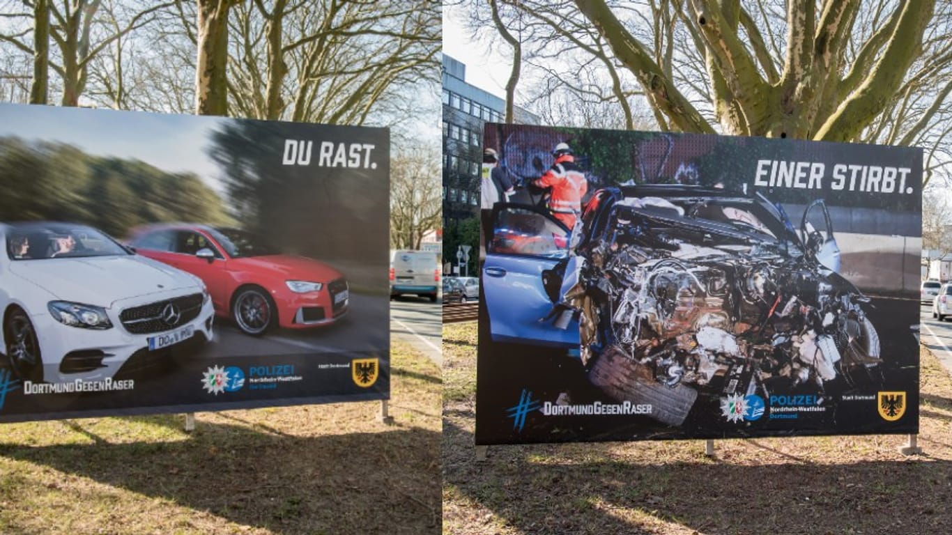 Plakate an der Bundesstraße 1 in Dortmund: Sie sollen Raser sensibilisieren.
