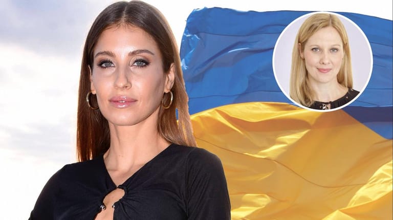 Cathy Hummels vor Ukraine-Flagge (Montage): Nicole Diekmann kritisiert die Inszenierung der Influencerin auf Instagram