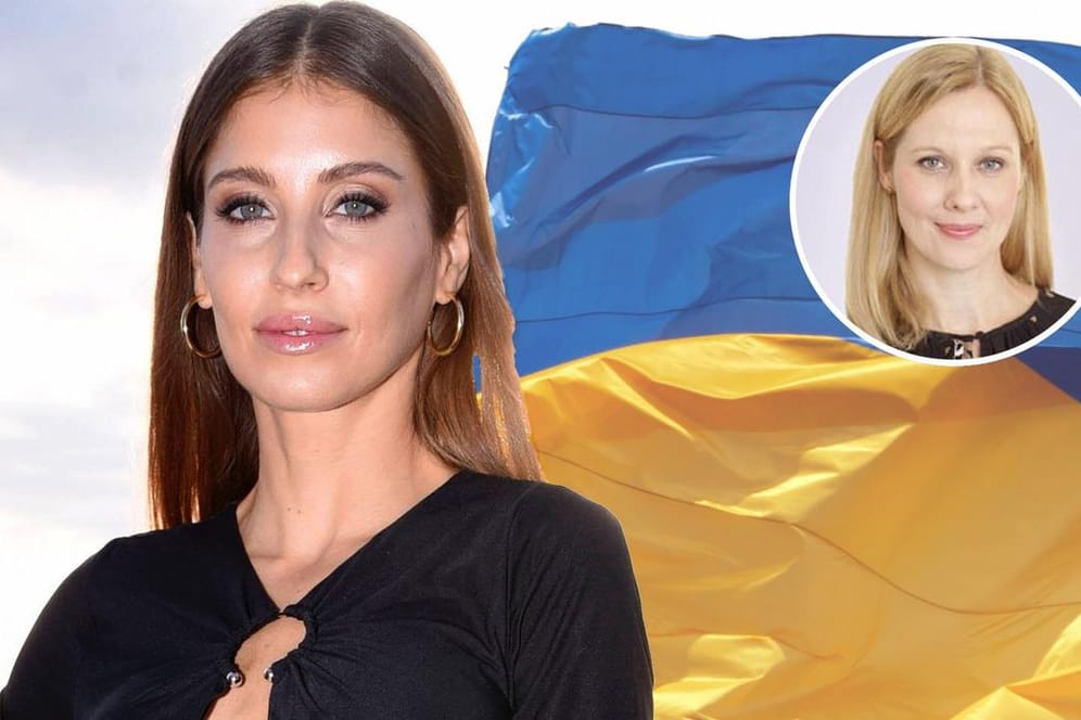 Cathy Hummels vor Ukraine-Flagge (Montage): Nicole Diekmann kritisiert die Inszenierung der Influencerin auf Instagram