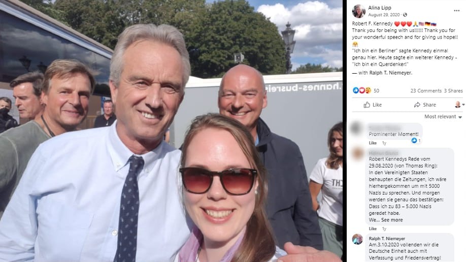 Bei der "Querdenker"-Demo: Alina Lipp mit Robert F. Kennedy Jr., einem der einflussreichsten Köpfe der Anti-Impf-Bewegung, und mit Ralph T. Niemeyer. "Am 3. Oktober vollenden wir die deutsche Einheit auch mit Friedensvertrag und Verfassung", kommentiert er.