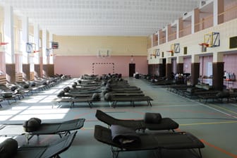 Feldbetten in einer Turnhalle in Polen (Archivbild): Auch in Hamburg sollen Notfallunterkünfte für Geflüchtete aus der Ukraine in Turnhallen eingerichtet werden.