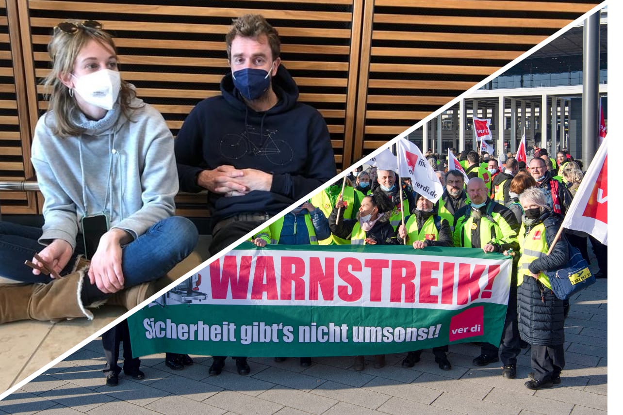 Wartende Fluggäste und streikendes Personal am Hauptstadt-Flughafen BER: Etwa zwei Drittel der Flüge mussten gestrichen werden.