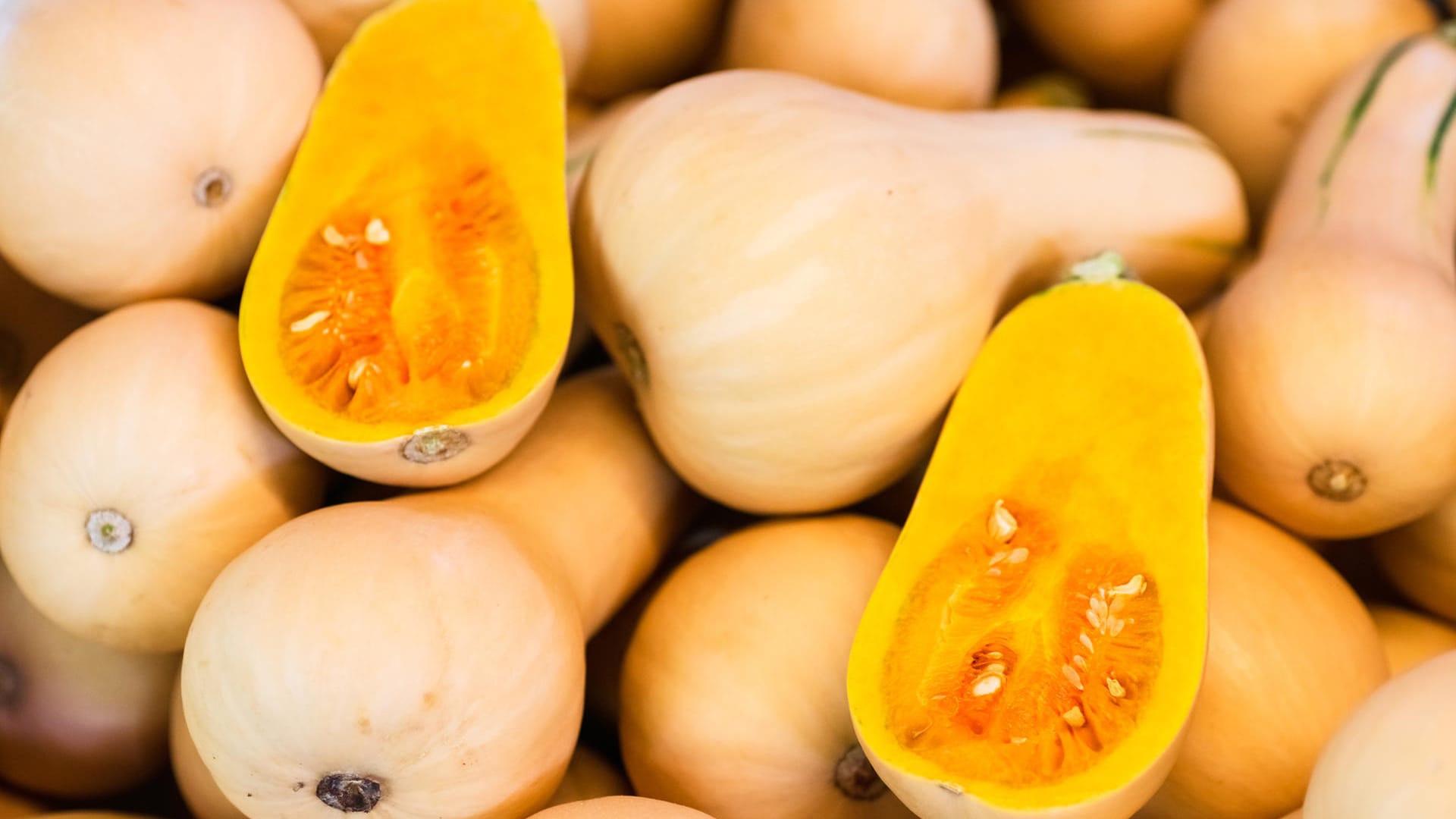 Butternut-Kürbis: Der Butternut ist birnenförmig und hat eine karamellfarbene Schale. In ihm steckt viel Fruchtfleisch, denn seine Kerne sitzen nur im unteren Bereich.