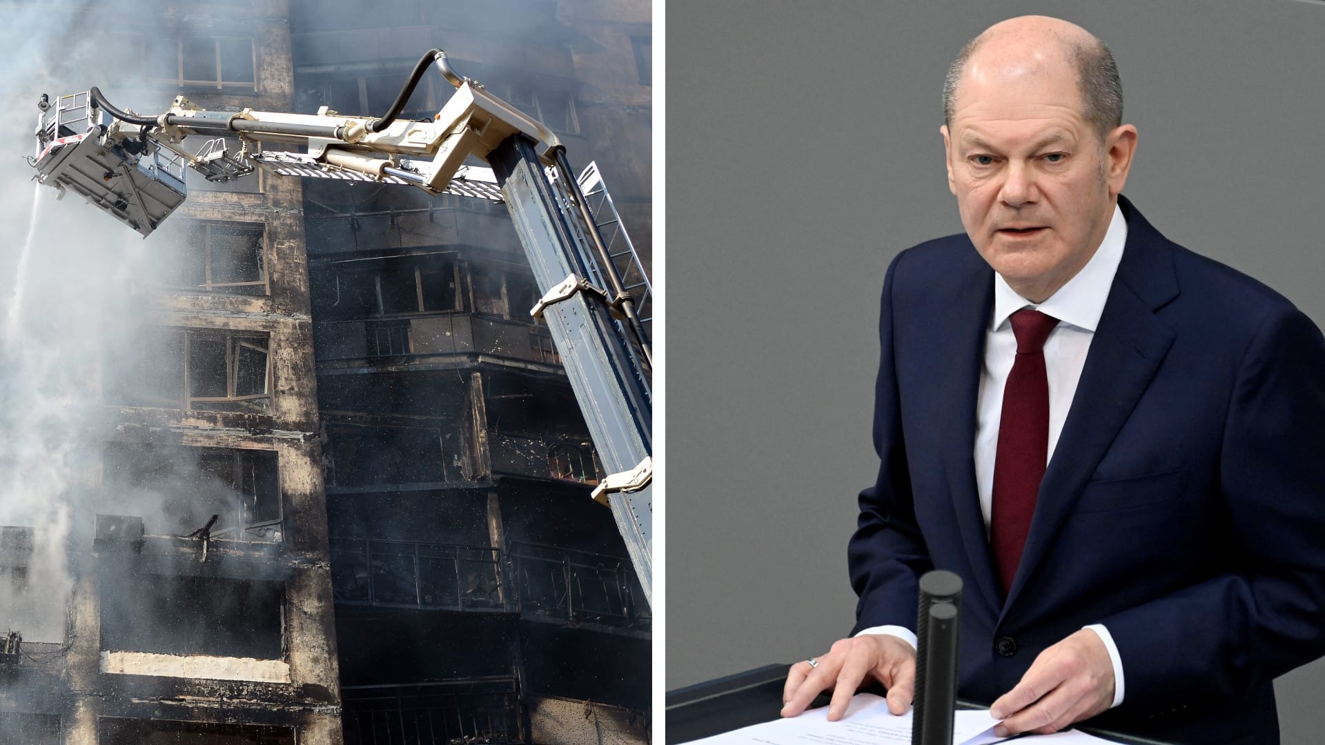 Abgebranntes Hochhaus in Kiew (l) und Bundeskanzler Olaf Scholz: Auch die ukrainische Hauptstadt wurde in den vergangenen Tagen immer wieder von Raketen getroffen.