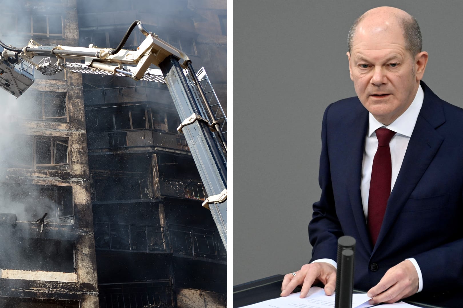 Abgebranntes Hochhaus in Kiew (l) und Bundeskanzler Olaf Scholz: Auch die ukrainische Hauptstadt wurde in den vergangenen Tagen immer wieder von Raketen getroffen.