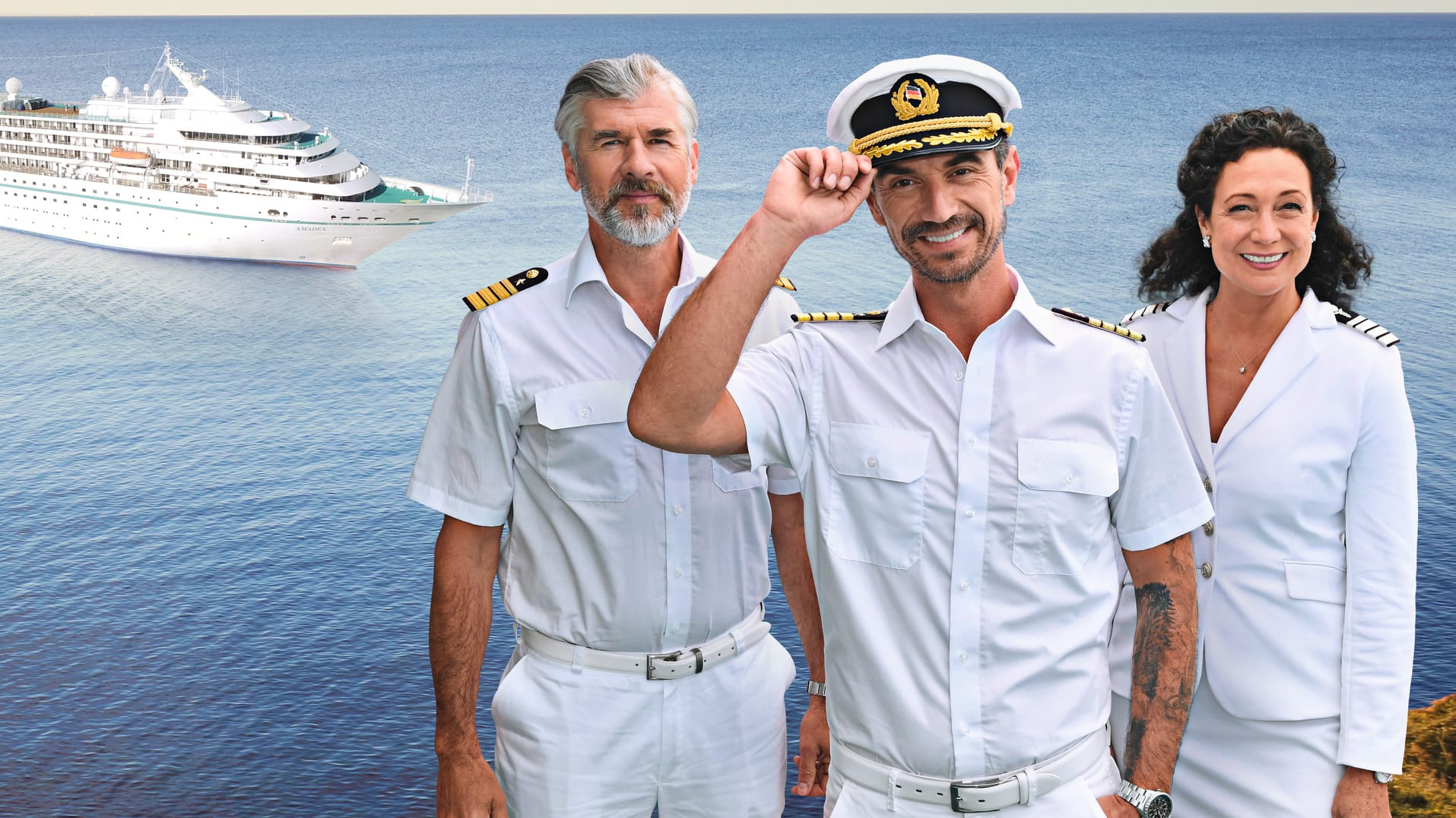 "Das Traumschiff": Staff-Kapitän Martin Grimm (Daniel Morgenroth), Kapitän Max Parger (Florian Silbereisen), Hoteldirektorin Hanna Liebhold (Barbara Wussow)