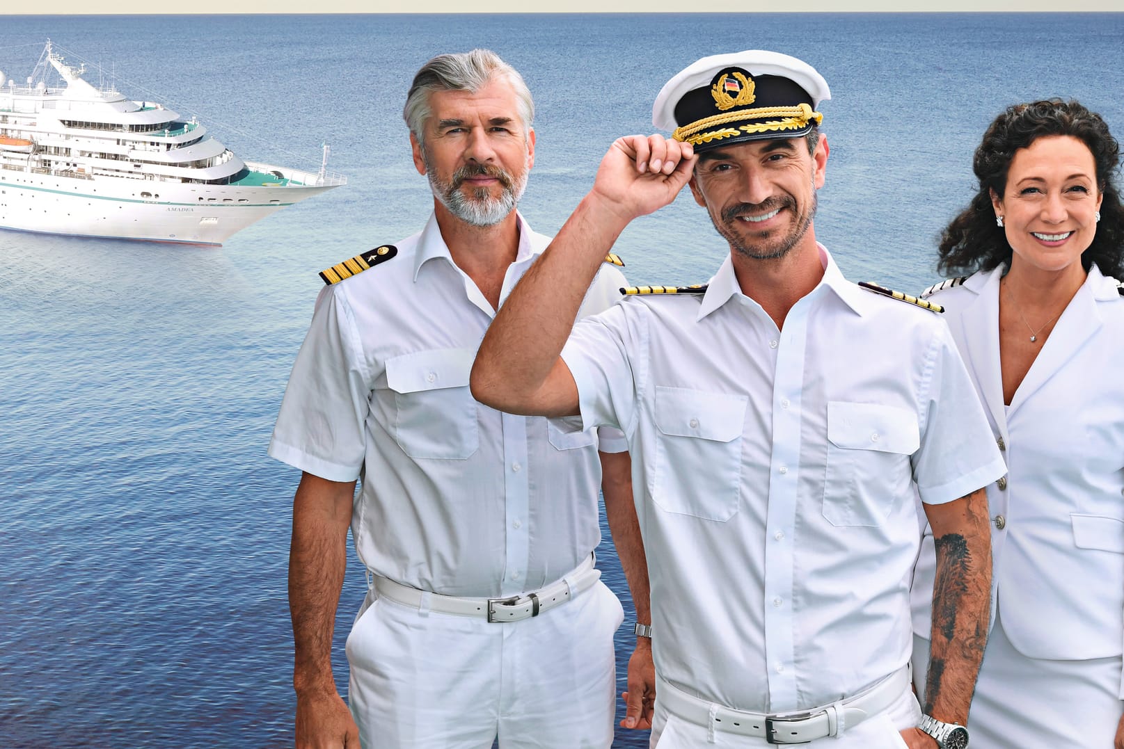 "Das Traumschiff": Staff-Kapitän Martin Grimm (Daniel Morgenroth), Kapitän Max Parger (Florian Silbereisen), Hoteldirektorin Hanna Liebhold (Barbara Wussow)