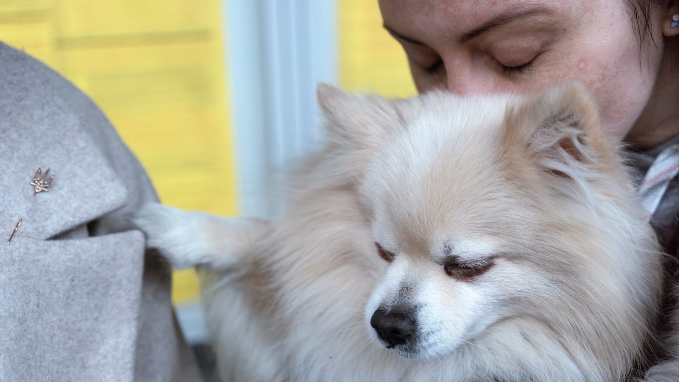 Jelena hält einen ihrer Hunde fest im Arm: Ihr Mann kämpft in der Ukraine.