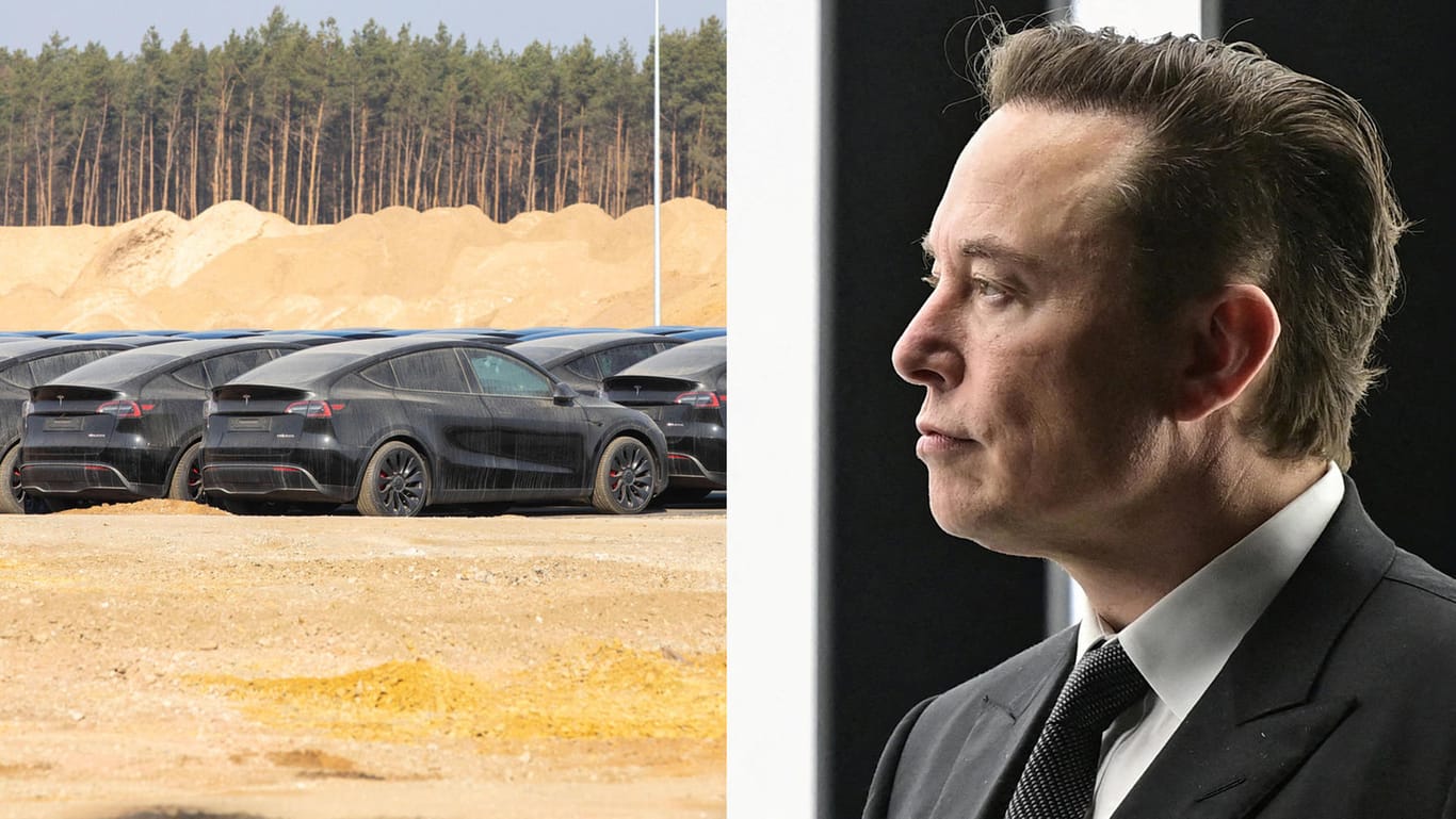 Fertige Teslas vor der neuen Fabrik in Brandenburg: Für Firmenchef Elon Musk (rechts) ist die Eröffnung der Fabrik ein wichtiger Meilenstein.