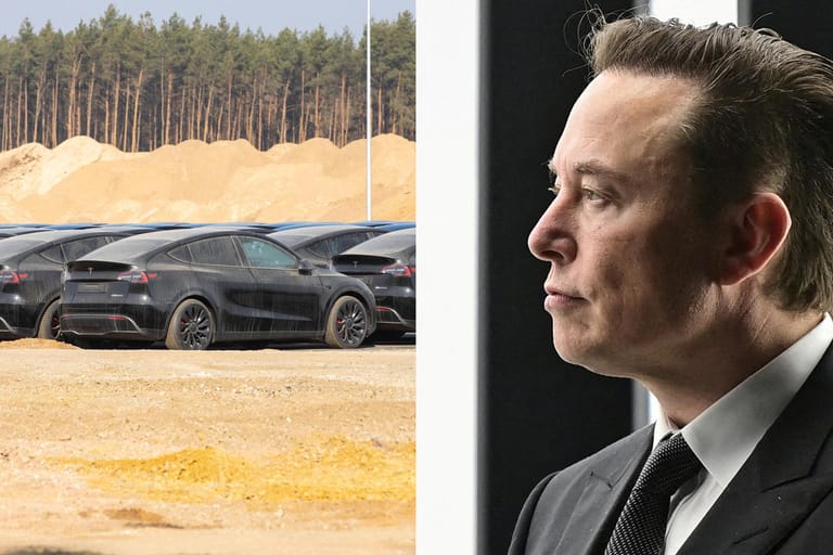 Fertige Teslas vor der neuen Fabrik in Brandenburg: Für Firmenchef Elon Musk (rechts) ist die Eröffnung der Fabrik ein wichtiger Meilenstein.