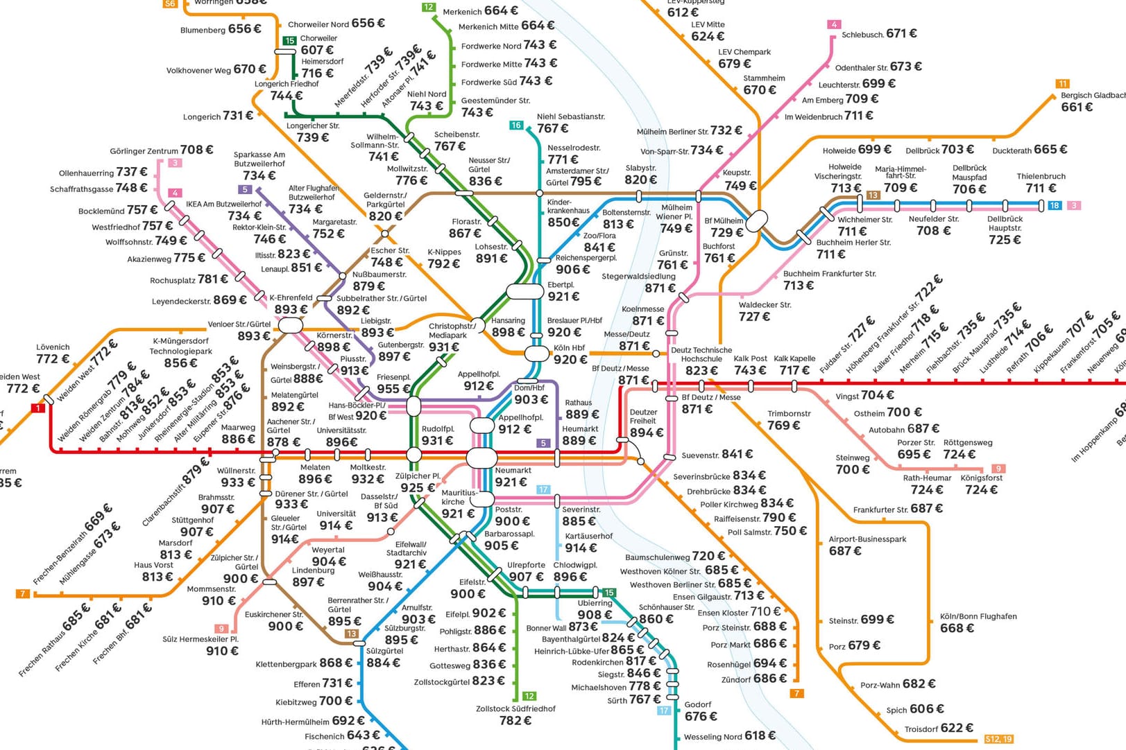 Das Kölner Straßenbahnnetz als Mietpreisspiegel: Wie teuer sind die durchschnittlichen Kaltmieten für eine 70-Quadratmeter-Wohnung an den Straßenbahnhaltestellen der Stadt?