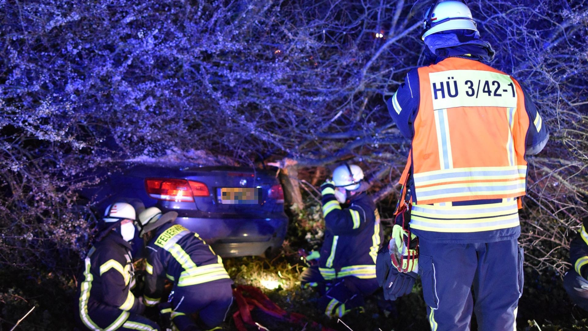 Der BMW im Busch: Das Auto hob im Kreisel ab – und flog ins Gebüsch.