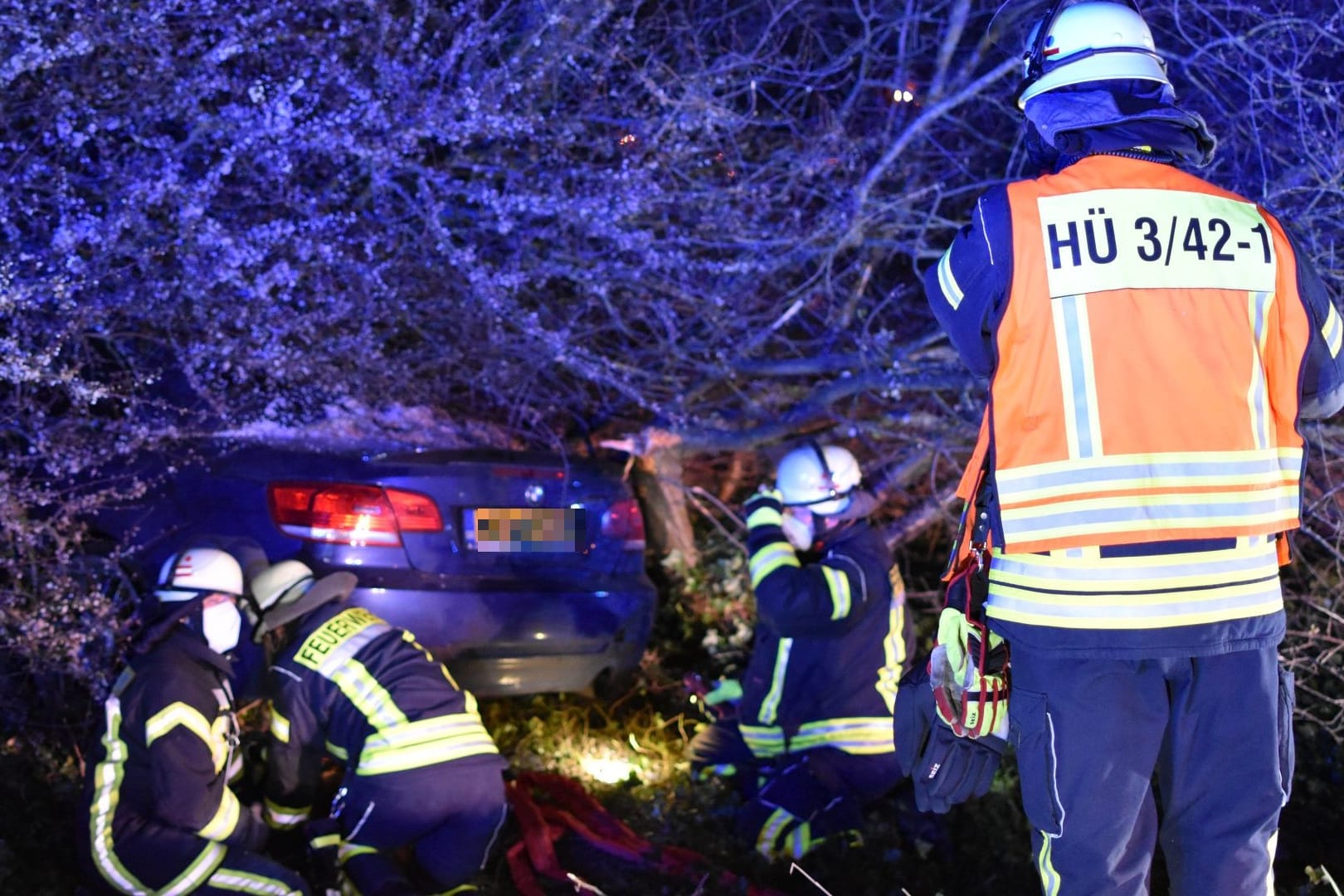 Der BMW im Busch: Das Auto hob im Kreisel ab – und flog ins Gebüsch.