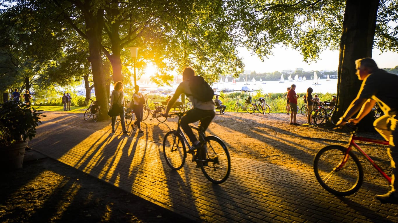 Radfahrer bei sommerlichem Herbstwetter an der Hamburger Alster (Archivbild): Die Strecken rund um die Außenalster gehören zu den beliebtesten der ganzen Stadt.