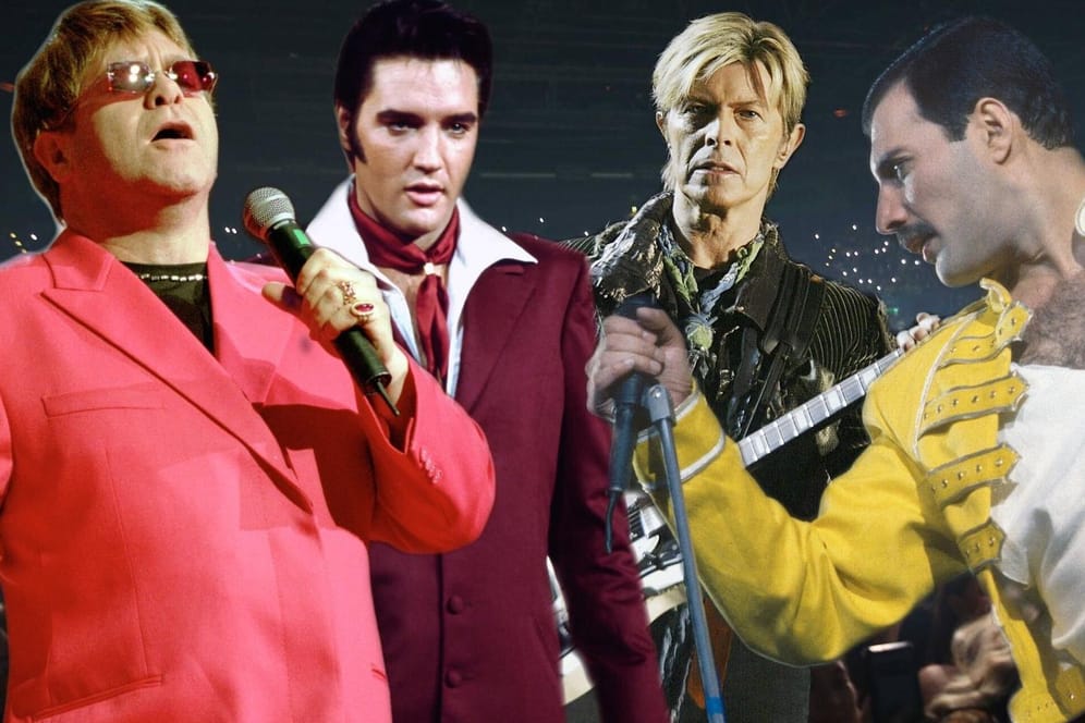 Wer ist der größte Sänger überhaupt (v.l.)?: Elton John, Elvis Presley, David Bowie und Freddie Mercury.